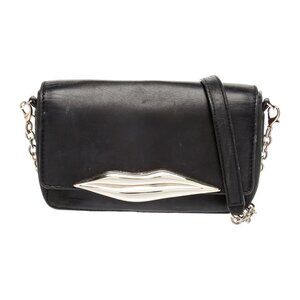 Diane von Furstenberg Black Leather Lips Crossbody Bag with Chain-Link Strap